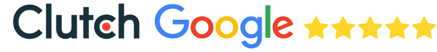Logos of Google, Clutch and 5 stars representing 5 stars on both Google and Clutch for EZMarketing